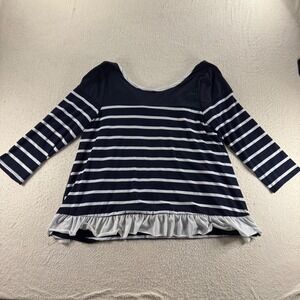 Umgee Navy White Striped Ruffle Hem Long Sleeve Top Womens M Preppy Comfy Fall